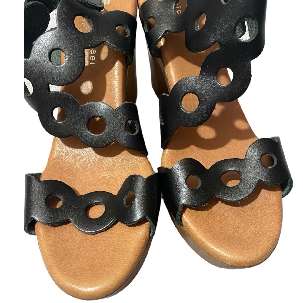 Black Leather Platform Sandals 9 Cutout Wood Heel Boho Artsy Spain - Picture 7 of 12